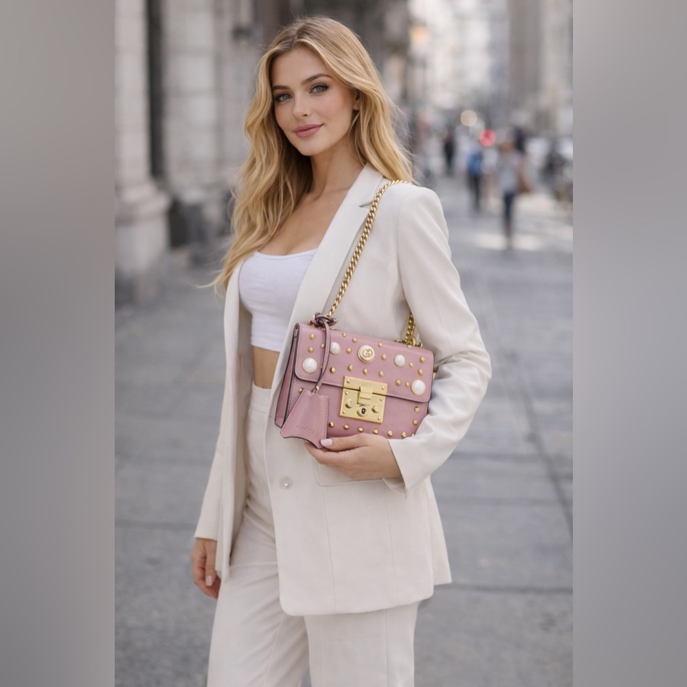 Gucci Pearl Studded Padlock Chain Pink Leather Crossbody Shoulder Bag 432182 - Picture 16 of 17